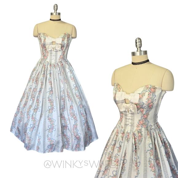 Gunne Sax Vintage 80s Strapless Satin Princess Dress Size 9 Floral Stripe Bows - Picture 1 of 10